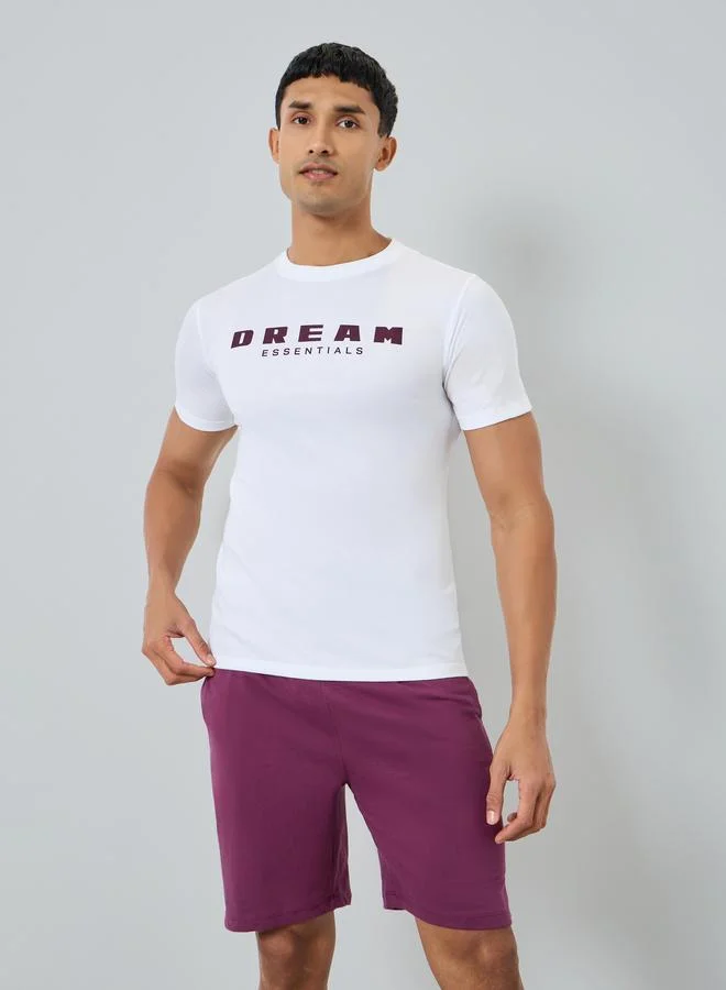 Men White Slogan Print T-Shirt and Shorts Pyjama Set
